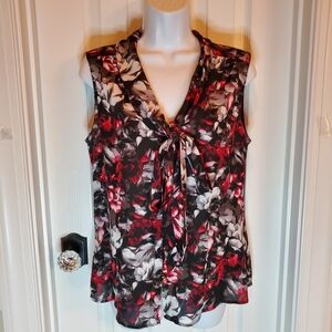 Tahari Floral Print Sleeveless Shell Top with Tie Neck Detail